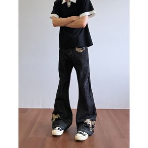 Jeans <span class=keywords><strong>Bootcut</strong></span> pour <span class=keywords><strong>Homme</strong></span> avec Broderie Dorée, Streetwear Hip Hop, Pantalon en Denim Noir Évasé - Product Image 5