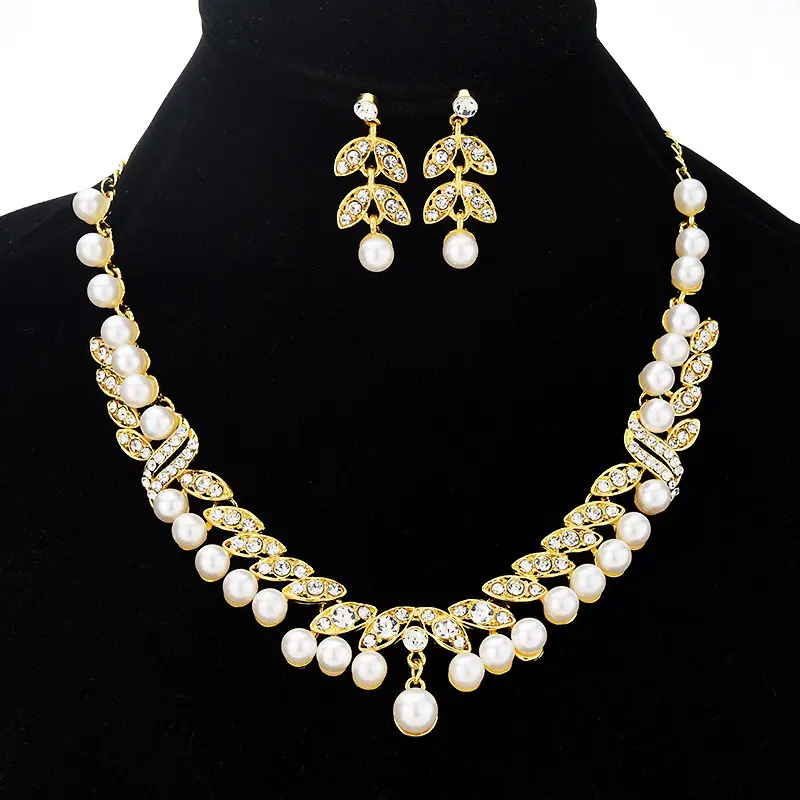 Elegante conjunto de colar de pérolas, mulheres da moda dourada strass conjunto de jóias de casamento de cristal