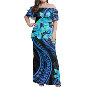 Women Casual Summer Dresses Samoan Tribal Blue Ruffle Off Shoulder Dress Polynesian Long Dresses Plus Size Wholesale Custom