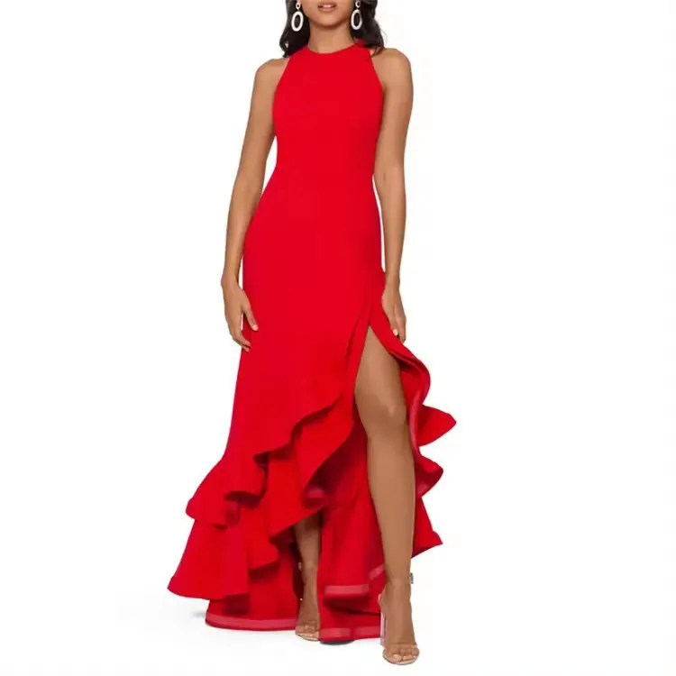 Großhandel individuell schwarz rot damen lange schwung elegantes kleid für party