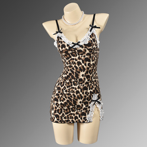 ชุดนอนเซ็กซี่ของผู้หญิงพร้อมชุดเดรสสายเอี๊ยมชายเสื้อพิมพ์ลายเสือดาวผูกโบว์ลูกไม้ยั่วยวนและชุดนอนอีโรติก - Product Image 1