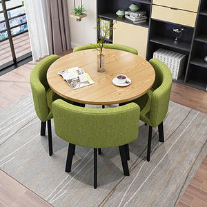 Pour petit espace 5 pièces Table à manger <span class=keywords><strong>ronde</strong></span> et chaises en tissu de lin ensemble moderne pour la maison Restaurant Table à manger en <span class=keywords><strong>bois</strong></span> ensemble 4 chaises - Product Image 4