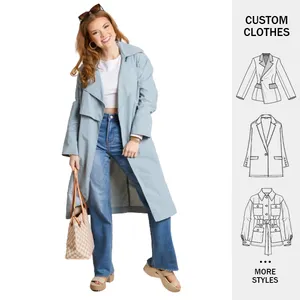 Custom High Quality Women Trench Coat Spring New Fashion Style Long Trench Coat Cotton Blue Trench Coat