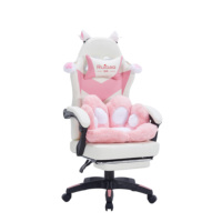 Chaise de jeu ergonomique à dossier haut rose avec oreilles de chat, inclinable, avec repose-pieds réglable, coussin doux en forme de patte de chat, chaise pivotante mignonne pour filles