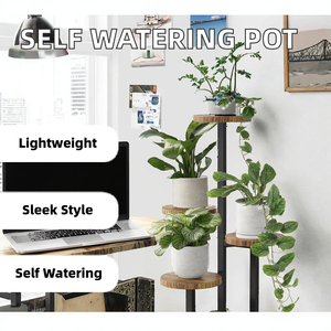 Support à plantes moderne en bois avec poteau métallique, présentoir rond à plusieurs niveaux pour fleurs, pour décoration intérieure - Product Image 2