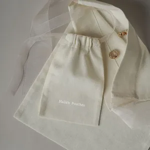 Pochette en coton crème recyclable pour bijoux, montres, lunettes, avec cordon de serrage, logo personnalisé, chic, petite pochette cosmétique, beauté - Product Image 2
