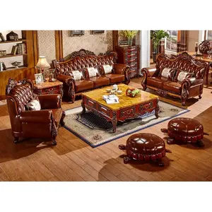 European-style leather sofa American solid wood carved villa living room furniture with tea table