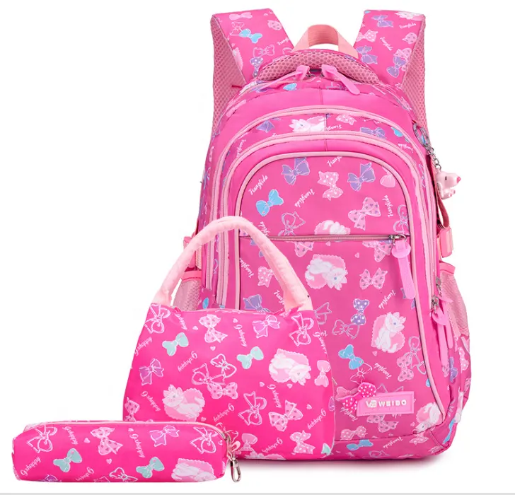 Custom printed 3pcs sets girls nylon cartoon backpack bowknot cute ladies handbags and students pencil case schoolbag sets