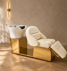 Sillón de Lavado Reclinable Moderno Blanco para Salón, Cama de Lavado de Cuero PU con Reposapiés Ajustable, Unidad de Lavado Trasero Comercial para Estudio de Peluquería - Product Image 1