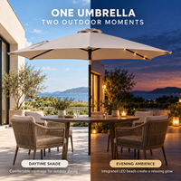 Parasol de terrasse rond 2,3 m à 6 baleines en acier avec éclairage LED solaire, tissu teint en fil de 200 g et manivelle de type F