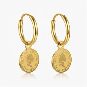 Women Girls Memorial jewelry Personalized Engraving Signet Flower Gold Small Disc Queen Elizabeth Australian Coin 1988 Earrings
