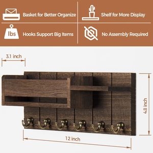 Wooden Wall Mounted Mail And Key Organizer With <b>Hooks</b> And <b>Shelf</b> For Entryway Storage - Product Image 4