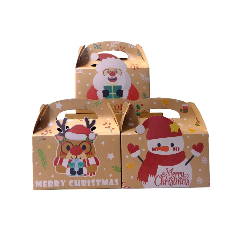 New product cute snowman cookie favor dessert gable box brown kraft paper christmas gift box with handle