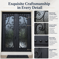 Porte d'entrée moderne en fer forgé, artisanale, avec décorations en volutes, verre martelé, anti-rouille, sécurité, porte simple, sur mesure
