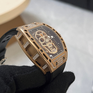 Men's Skull Skeleton Automatic Mechanical <b>Watch</b>, Diamond-<b>set</b> Rose Gold Tonneau-shaped <b>Watch</b> - Product Image 3