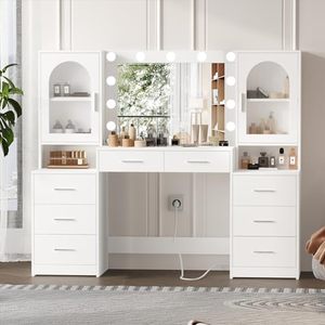 Bàn trang điểm hiện đại màu trắng thông minh WenFeng OEM/ODM - Bàn trang điểm có đèn LED 8 ngăn kéo, trạm sạc 3 chế độ cho phòng ngủ - Product Image 4