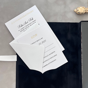 Invitations personnalisées en daim noir personnalisé boîtes de mariage en acrylique boîte de présentation doublée de velours feuille d'or avec pompon - Product Image 4