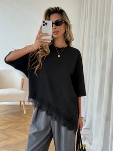 Nouveau style é<span class=keywords><strong>t</strong></span>é 2026 – <span class=keywords><strong>T</strong></span>-<span class=keywords><strong>shirt</strong></span> élégant pour <span class=keywords><strong>femme</strong></span> à manches courtes, coupe asymétrique et patchwork de <span class=keywords><strong>dentelle</strong></span>, haut de gamme - Product Image 1