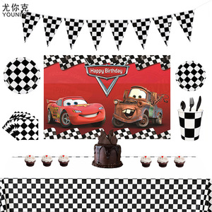 Juego de Vajilla a Cuadros Blancos y Negros con Temática de Carreras, Decoraciones de Cumpleaños, Banderines, Manteles Desechables, 40-60 Piezas - Product Image 1