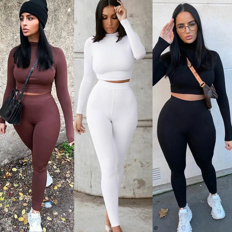 Autumn New Women's Solid Color Self-cultivation Home Wear Knitted High-neck Long-sleeved Sports Suit Tight-fitting