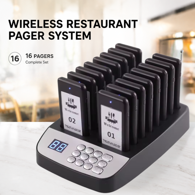 Wireless Restaurant Pager System 16 Pagers Set, 300M Long Range Calling System with Vibration Beep Flash Alert