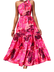 Vestido Maxi Halter con Estampado Floral, Estilo A-Line, de Gasa con Volantes, Holgado, Cintura Natural, Sin Mangas, Transpirable, para Verano - Product Image 1