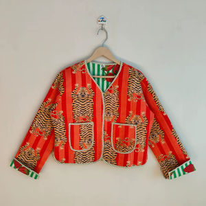 Blouson Bomber en Coton Imprimé Tigre Rayé Orange, Écologique, Respirant, Fait Main, Bohème, Hiver, Réversible, Standard - Product Image 1