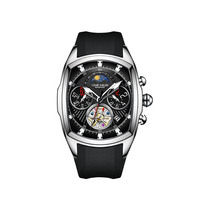 Nouvelle Arrivée Montre Tonneau à Quartz pour Homme Phase de Lune Chronographe Double Fuseau Horaire Bracelet en Silicone Montre-Bracelet Sportive de Course L-9693