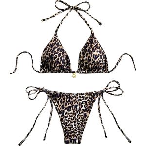 FOXA Conjunto de bikini de 2 piezas con estampado de leopardo para mujer, traje de baño triangular con cordón, conjunto de verano - Product Image 1
