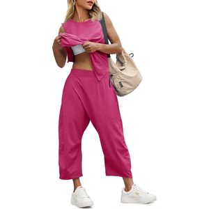 Ensemble 2 pièces d'été pour femmes, haut court sans manches, pantalon large, ensemble de yoga et d'entraînement, spandex, polyester - Product Image 1
