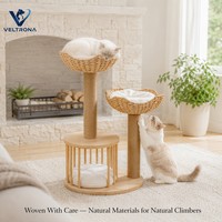 Rak Kucing Bertingkat Keranjang Rotan Ganda dengan Tiang Sisal, Kandang Kayu, Perabot Panjat Dalam Ruangan Grosir