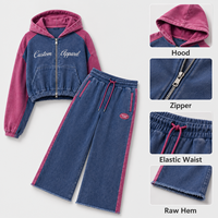 Conjunto de Dos Piezas ODM para Mujer, Top Corto de Algodón Lavado con Paneles de Color en Contraste, Pantalones Deportivos Anchos con Cierre y Bordado Gráfico