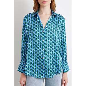 Camisa de Satén con Estampado Geométrico Azul, Blusa Casual con Botones para Mujer, Uso Diario - Product Image 3