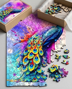 Rompecabezas de acuarela de pavo real con plumas iridiscentes, arte de cola de pájaro, tablero gris, impresión HD, corte de precisión, acabado mate, caja de regalo, fábrica OEM - Product Image 2
