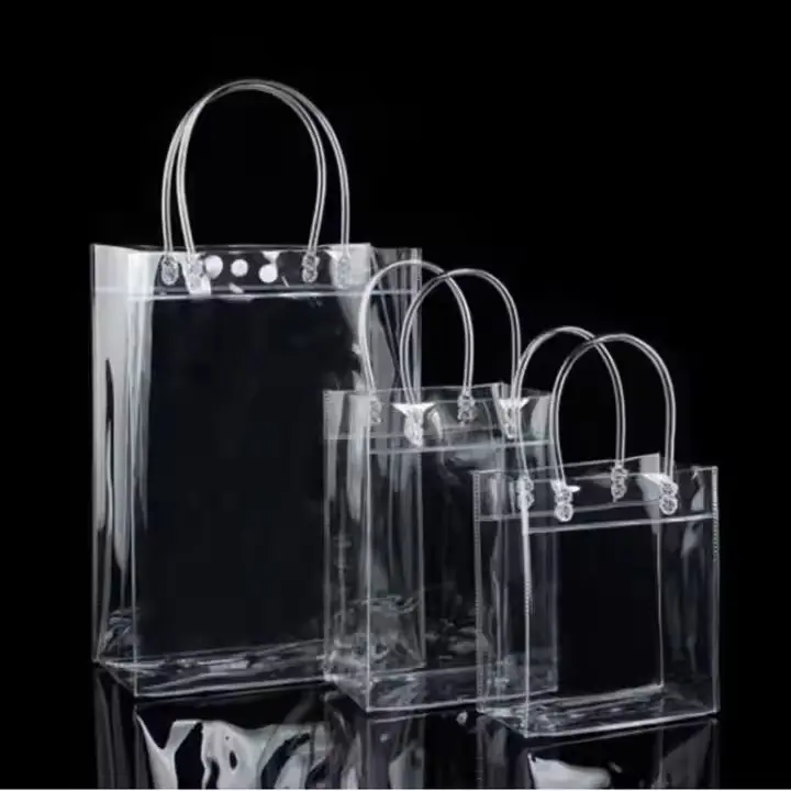 新しい小さなギフトバッグビニール包装プラスチッククリアPVCトートバッグ透明プラスチックハンドショッピングバッグ
