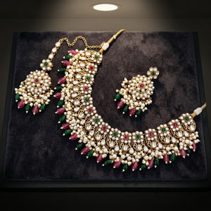 Indian Traditional Antique Gold Plated Kundan Choker Necklace <b>Set</b> Pastel MIX Gemstone Bead Bridal Jewelry <b>Set</b> with Earring - Product Image 3