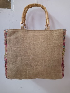 Handmade Women's Jute Bohemian Tote Bag with Natural Bamboo Handle Eco Friendly Reusable Casual Shoulder Handbag Spacious - Product Image 1