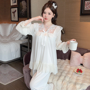 Primavera otoño sólido Pijamas mujer cuello en V conjuntos encaje ropa de dormir dulce suelto Paj conjunto estilo malla pijamas conjunto nuevo diseño camisones - Product Image 4