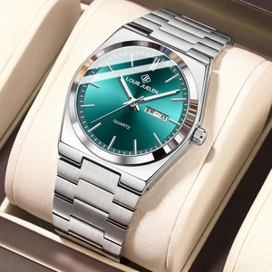 Montre à quartz pour homme Green Face, style coréen simple, boîtier en alliage 40 mm, bracelet en acier inoxydable 22 mm avec cadran à aiguilles, résistance à l'eau 3 ATM - Product Image 1