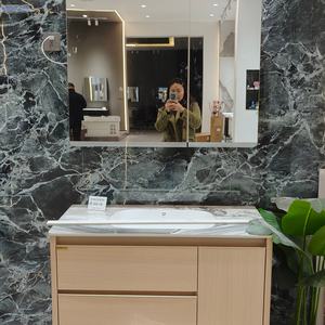 Meuble de salle de bain de style jaune, armoire à miroir en forme de ruche, lavabo blanc, meuble sous-évier à double tiroir - Product Image 4