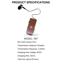 Grosir kustom mikrofon Lavalier K67 Headset nirkabel Headset tampilan Digital In-ear telinga tunggal bisnis kerah klip earphone