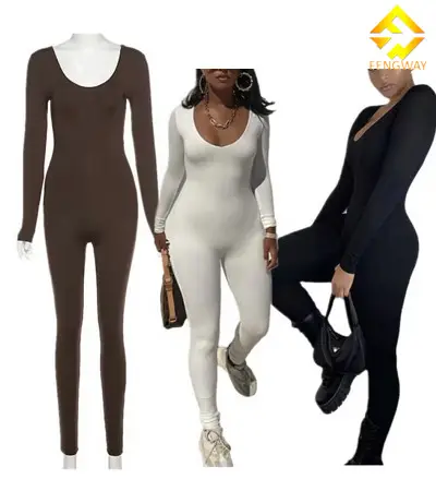Custom Logo Wholesale 2023 Fall Women Casual Workout Sporty Stretchy Slim Long Sleeve Plain Bodycon Jumpsuits