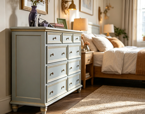Commode traditionnelle bleu clair à 10 tiroirs avec garniture et boutons dorés pour le rangement de la chambre - Product Image 5
