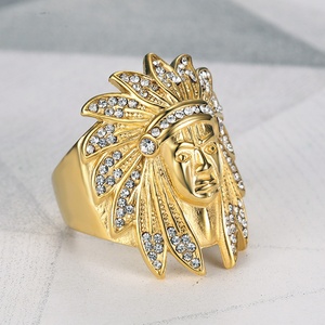 Hiphop <b>Indian</b> Head Chief <b>Ring</b> Crystal Gold Plated <b>Rings</b> for Men - Product Image 4