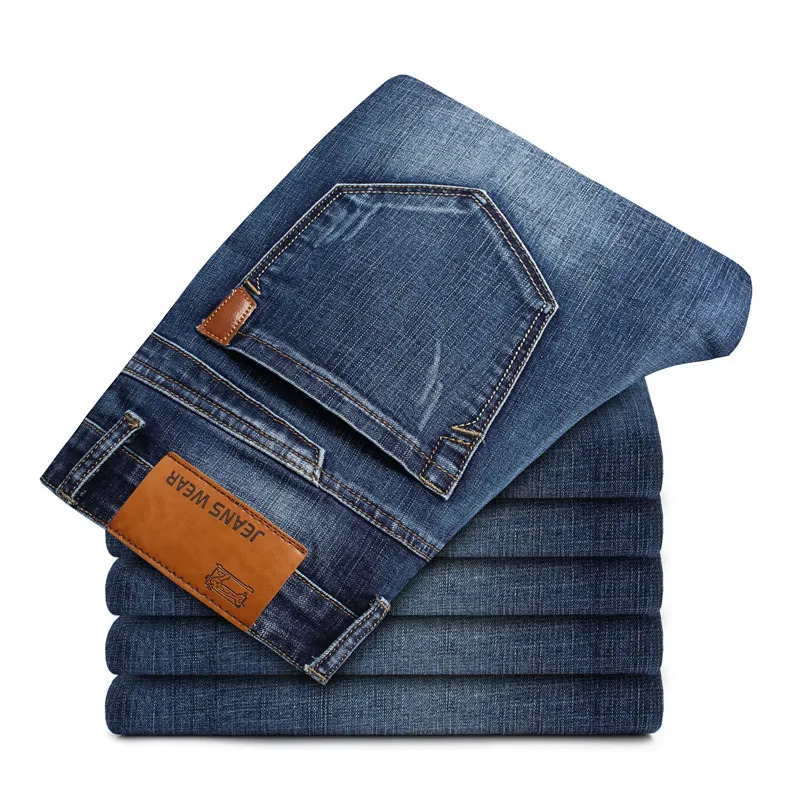 Custom Men Jeans Fashion Casual Slim Stretch Lightweight Straight Jeans Classic Zipper Fly Denim Pants Trousers