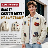 Blouson en cuir blanc crème pour homme, broderie de patchs d'équipes multisports, col à revers, fermeture éclair, style bomber vintage streetwear, personnalisable OEM