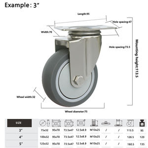 Castores de aço inoxidável médios resistentes da roda, 3 4 5 polegadas, tpr - Product Image 2