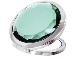 Promoção presentes itens verde gem pedra de vidro espelho gravura a laser logotipo bolso barato maquiagem espelho ambos lado bolso espelho