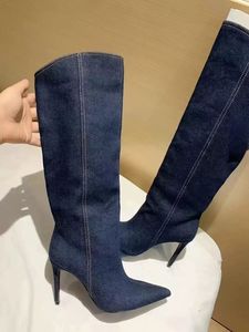 Bottines en jean bleu, nouveau style, chaussures d'hiver et d'automne pour femmes, bottes hautes jusqu'au genou - Product Image 5