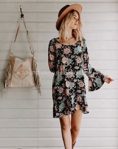 SRJ EXPORTS Eco-Friendly Breathable Plus Size Bohemian Floral Print Chiffon <b>Mini</b> Dress O-Neck <b>Lantern</b> Sleeve Loose Fit Women's - Product Image 2